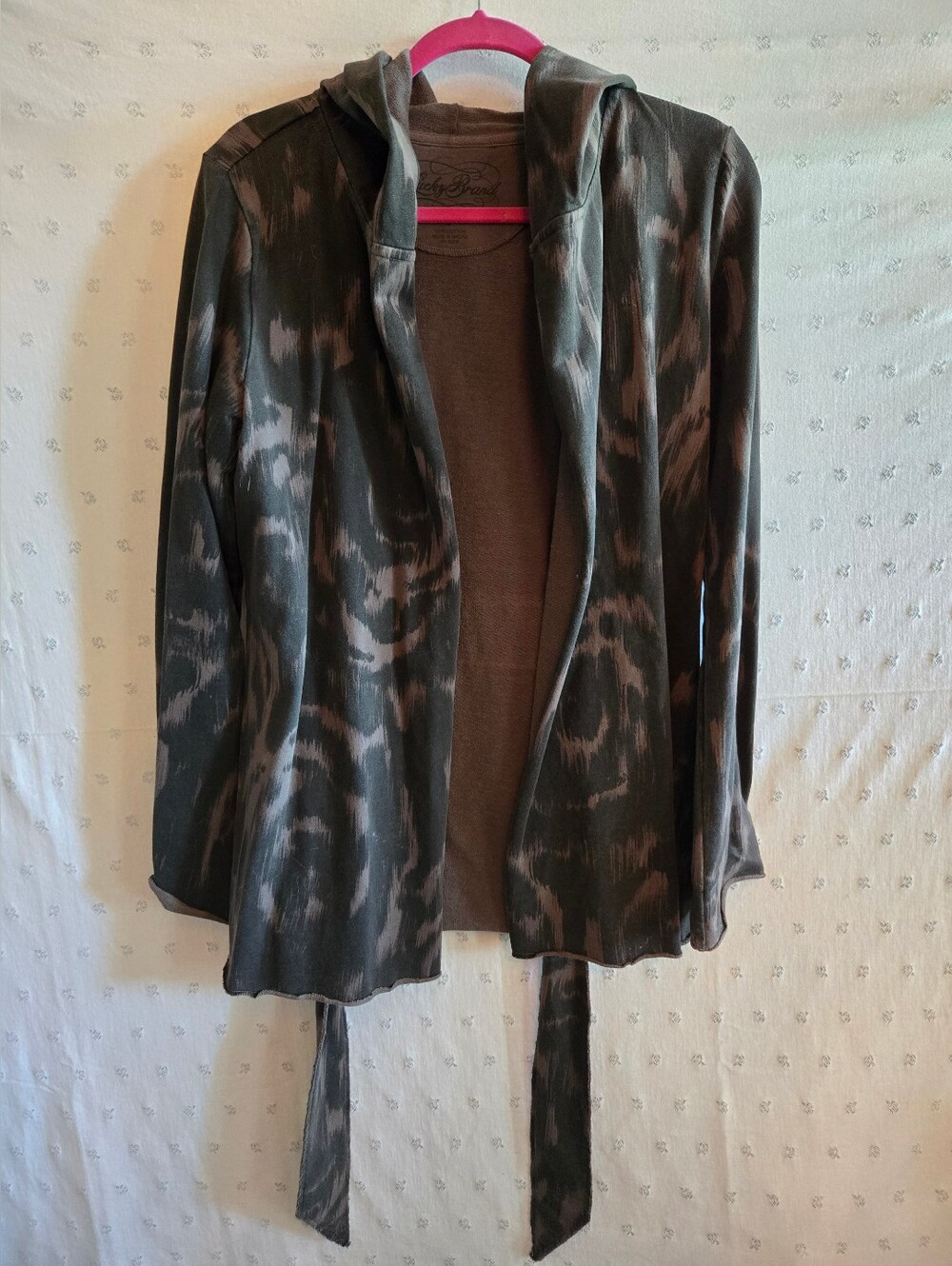 Lucky Brand Taupe Brown Hooded Open-Front Tie-Waist Utility Jacket Size L Cotton